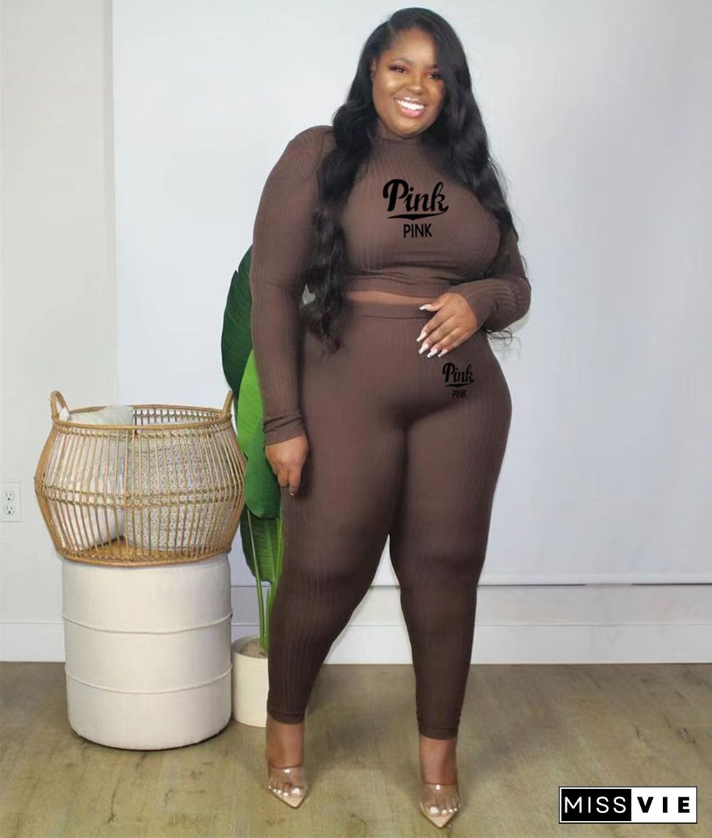 Plus Size Ribbed Long Sleeve Crop Top Skinny Pants Set