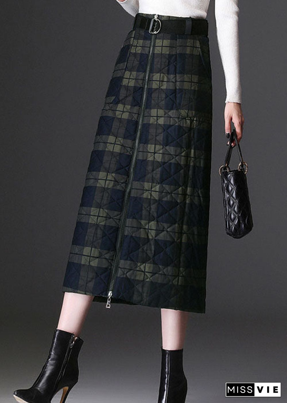 Women Green Zip Up Plaid Fine Cotton Filled Skirts Winter