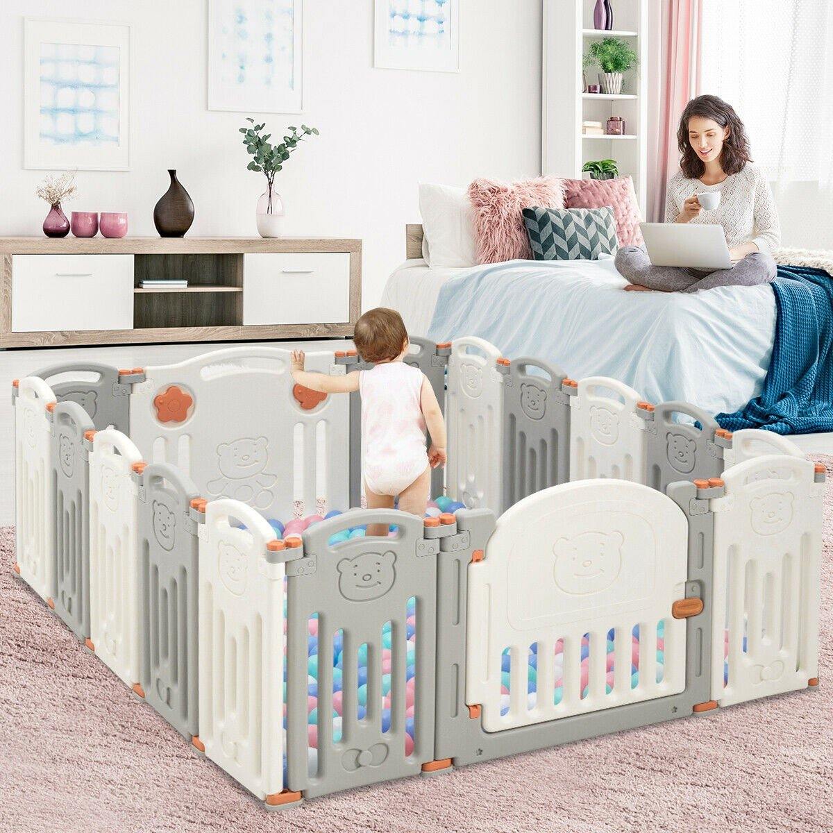 Costzon Baby Playpen, 16-Panel Foldable Baby Fence w/Locking Gate (Beige + Gray, 16-Panel)