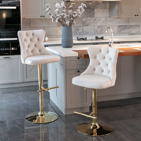 Set of 2 Golden Swivel Velvet Barstools with Backs Comfortable Tufted