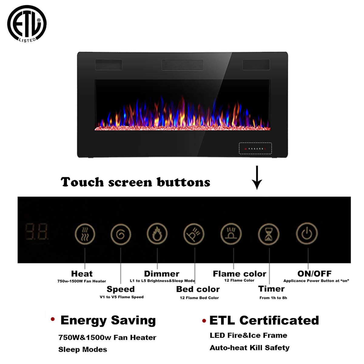 YUKOOL 36" Electric Fireplace Adjustable Flame, Flush/Wall Mount, Touch Screen, Remote