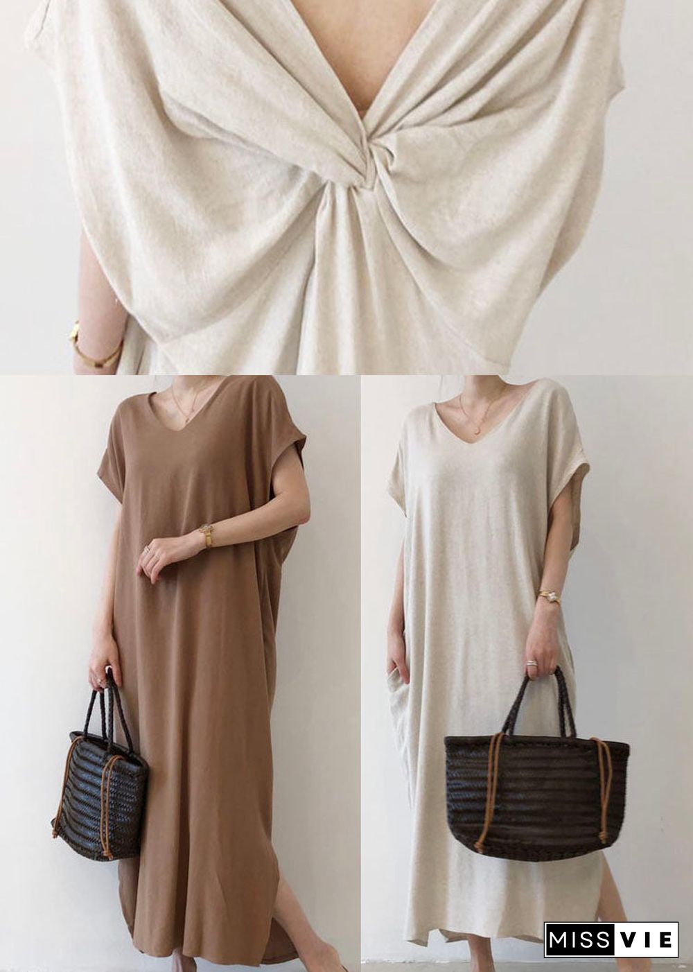 Elegant Chocolate Side Open Cotton Short Sleeve Long Dresses