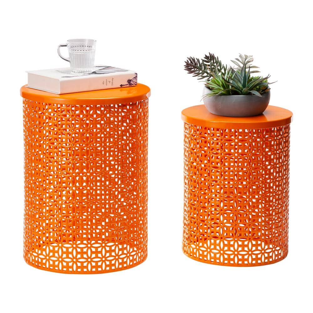 Glitzhome Multi-Functional Metal Orange Garden Stool or Planter Stand or Accent Table or Side Table (Set of 2) GH2003800007