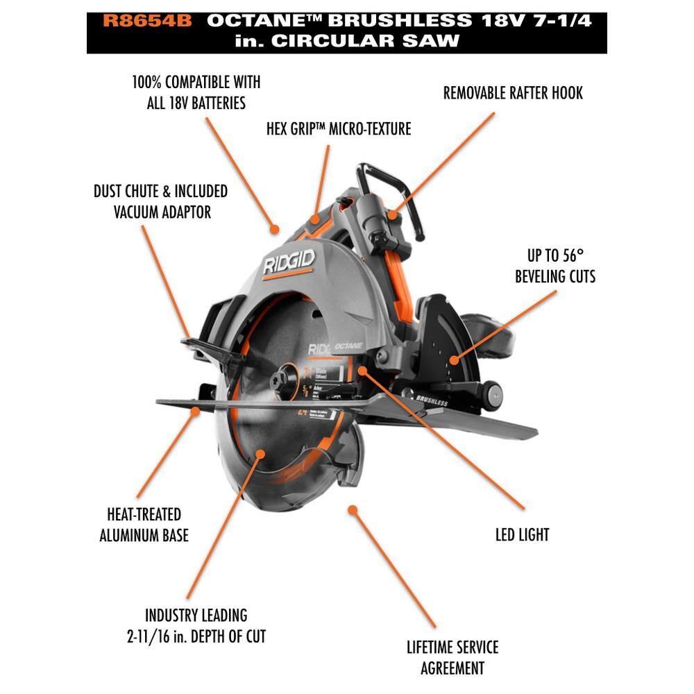 RIDGID 18V OCTANE Brushless Cordless 7-14 in. Circular Saw Kit with 18V Lithium-Ion 4.0 Ah Battery (2-Pack) AC87004P-R8654B