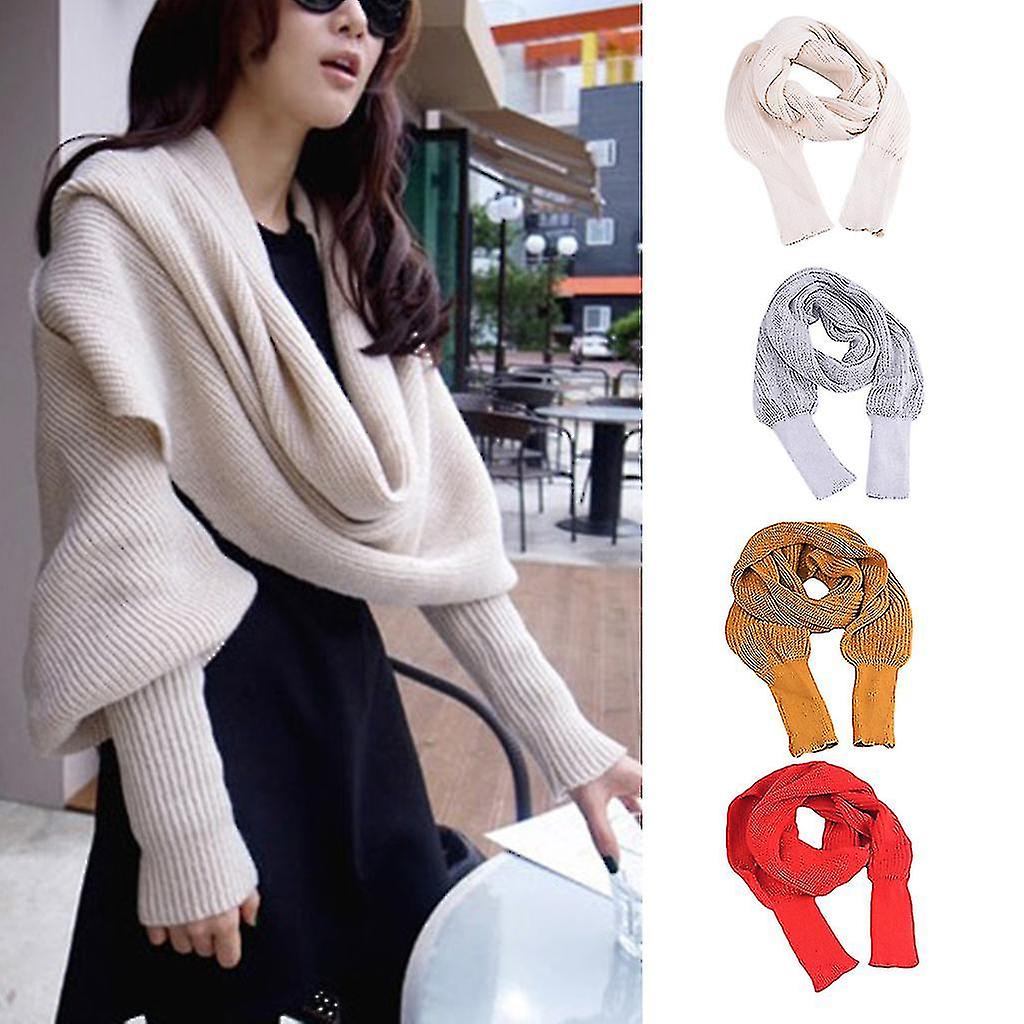 Women Winter Knitted Blanket Long Shawl Wrap With Sleeves Solid Color Crochet Sweater Scarf， Black