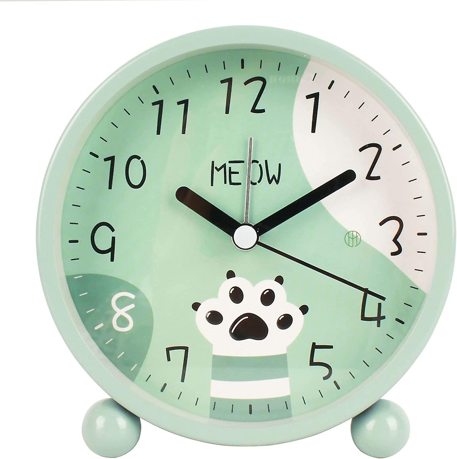 4 Inches Round Alarm Clock Cute Cartoon Cat Paw，backlight，battery Operated，non Ticking，analog Alarm Clock For Bedroom，bedside，desk，green