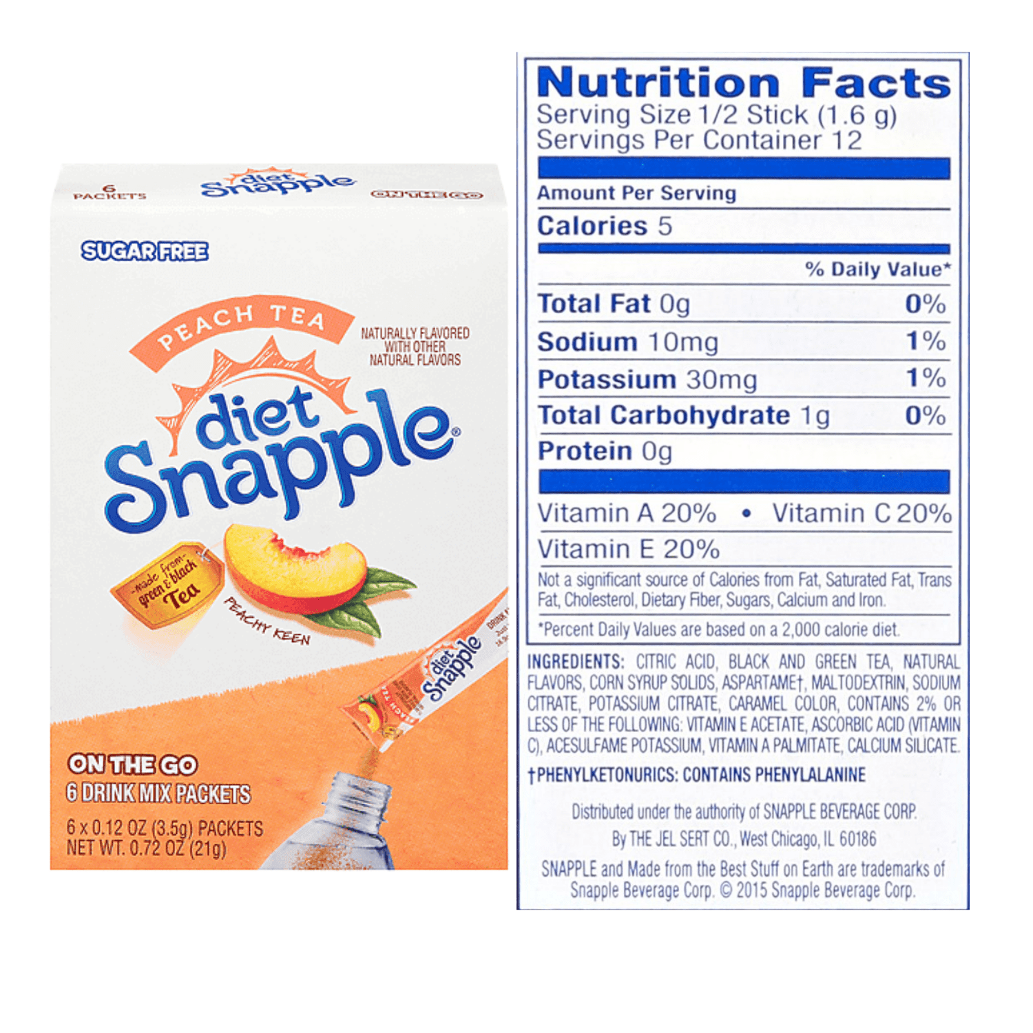 NS Diet Snapple Peach Tea Singles to Go, Powdered Drink Mix, Zero Sugar, Low-Calorie Fruity Flavored Easy to Prepare Indoor & Outdoor Picnic Drink Mix 2 Boxes, 6 Sticks per Box, 12 Total Serving