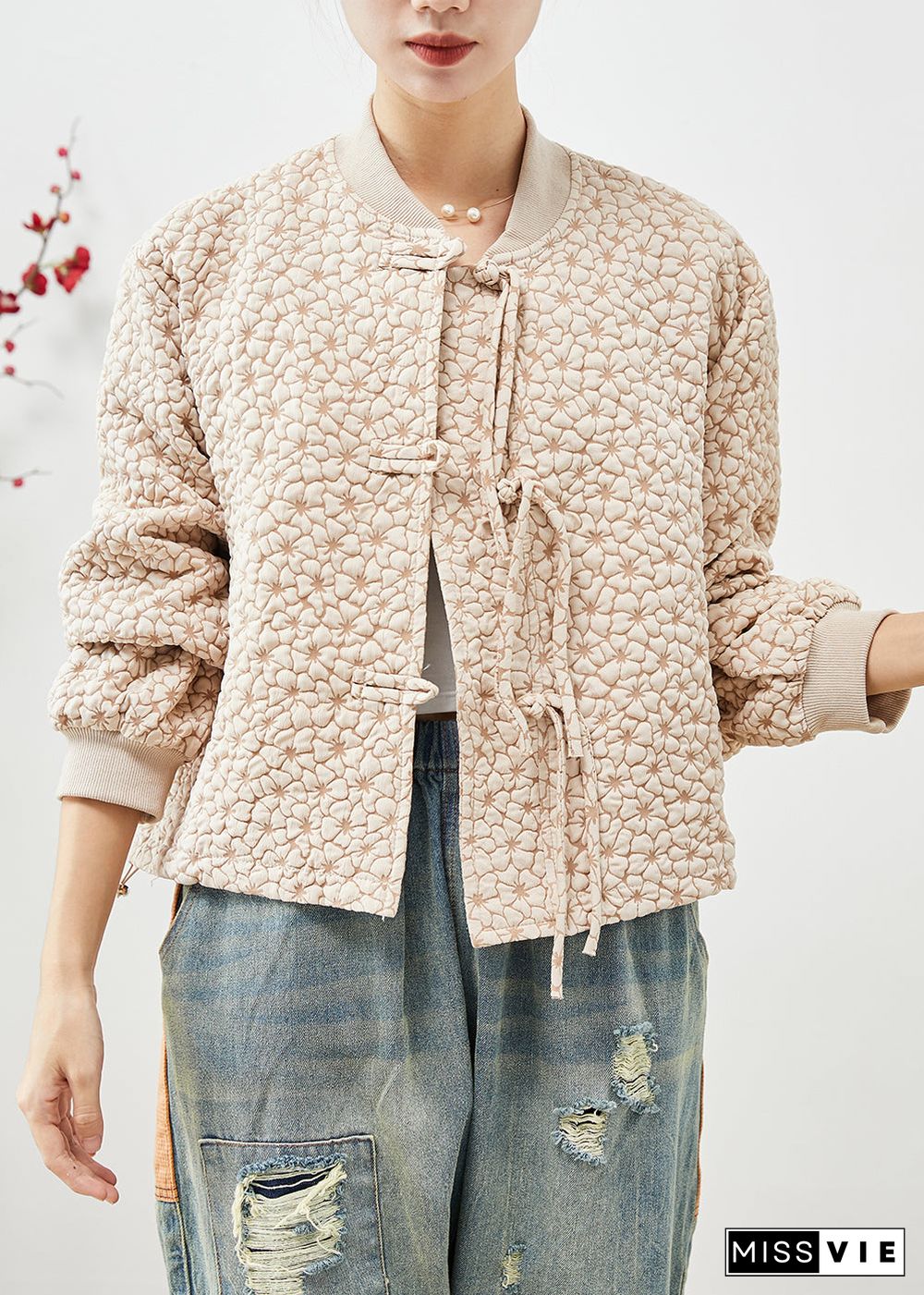 Beige Jackets Tasseled Chinese Button Drawstring Fall