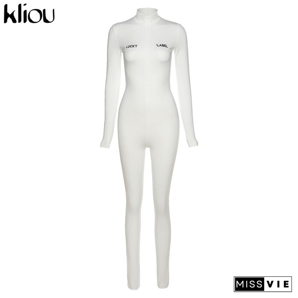 Kliou Letter Embroidery Solid Stacked Zipper Jumpsuits Women Autumn Rompers V-neck High Waist Elastic Female Sporty Streetwear