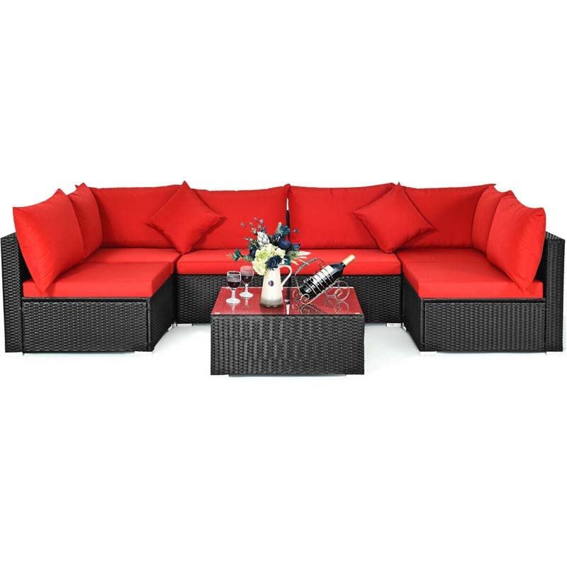 7 Pcs Rattan Patio Furniture Sectional Sofa Set Outdoor Wicker Conversation Set with Back & Seat Cushions Pillows