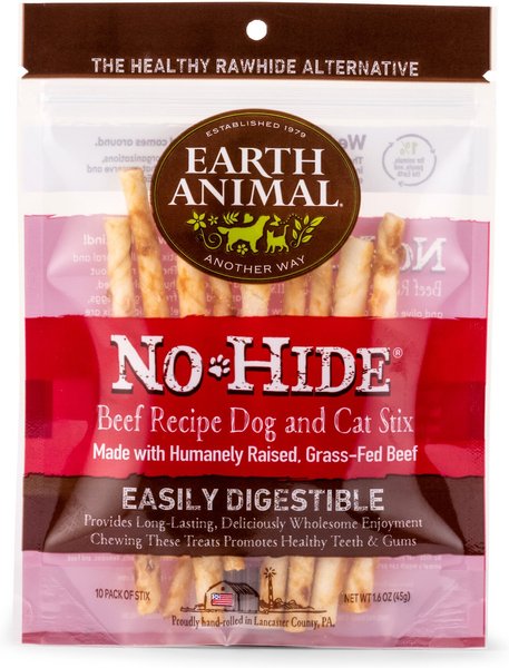 Earth Animal No-Hide Long Lasting Natural Rawhide Alternative Beef Recipe Stix Chew Dog and Cat Treat Sticks， 10 count