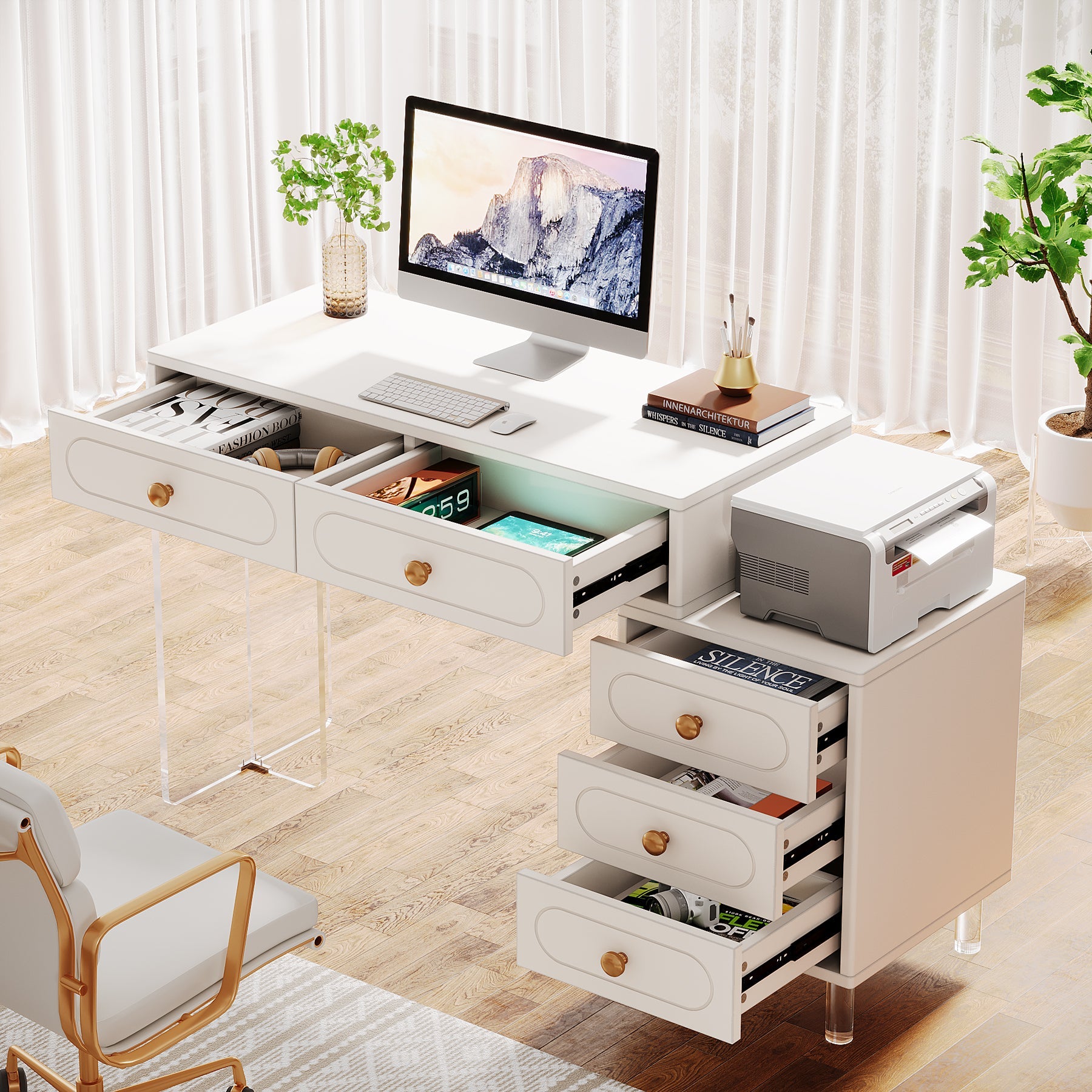 5-Drawer Computer Desk with Transparent Acrylic Base and Legs