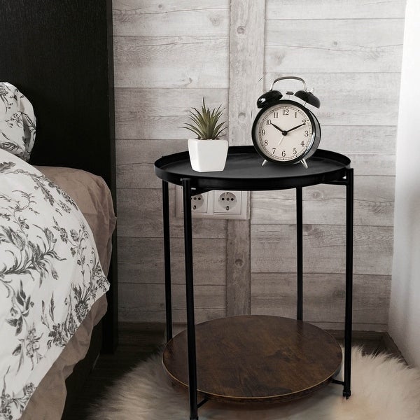 Round Wood Side Table with Storage， 2 Layer Black Metal Frame End Table