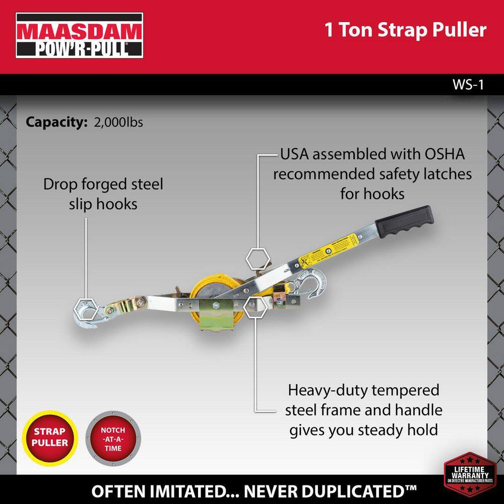 Maasdam Pow'R Pull 2000 lb. 1-Ton Capacity 12 ft. Max Lift 10:1 Leverage Web Strap Puller Come Along Tool WS-1