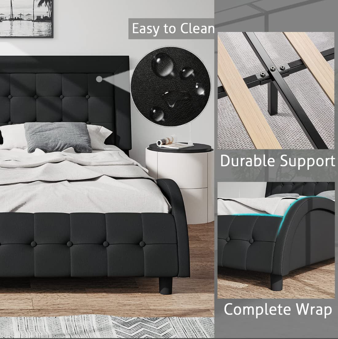 SHA CERLIN Queen Size Low Profile Upholstered Platform Bed Frame with Button Tufted Adjustable Headboard, Wave-Like Shape, Black