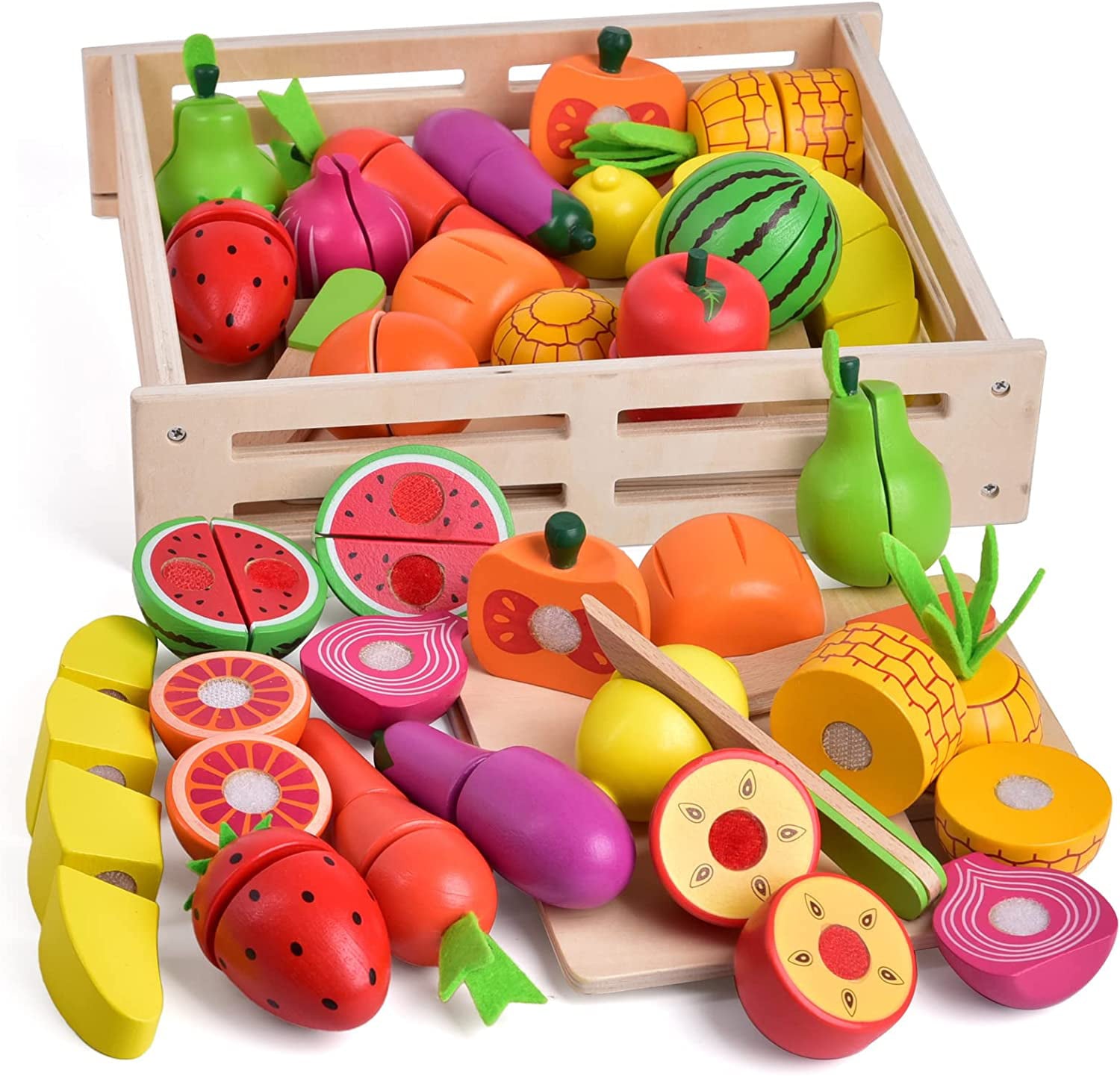 Fun Little Toys 35 Pcs Wooden Play Food for Kids Kitchen, Pretend Cutting Food Toys,Dishes and Knife for Boys,Girls