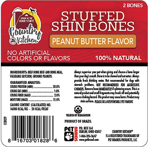 Country Kitchen Stuffed Shin Bone 4-in Peanut Butter Flavor Dog Treat， 2 count