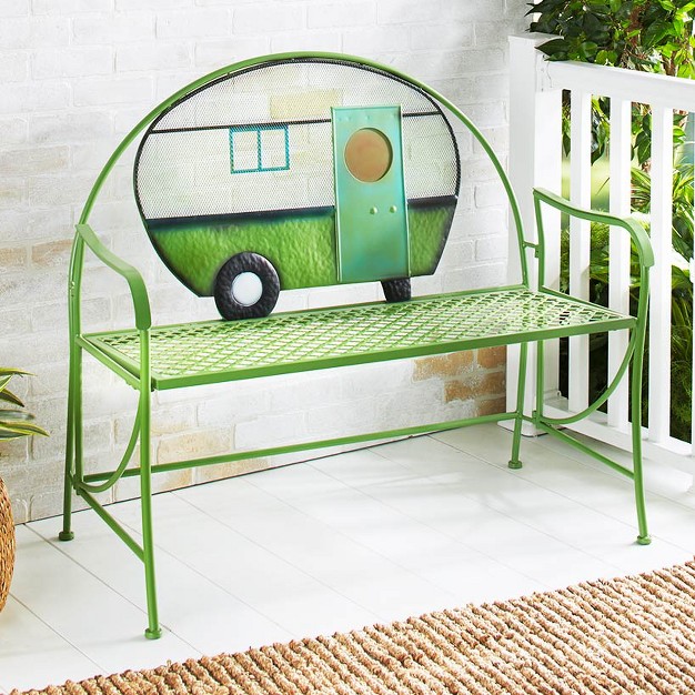 The Lakeside Collection Metal Happy Camper Garden Bench With Rustic Trailer Accent