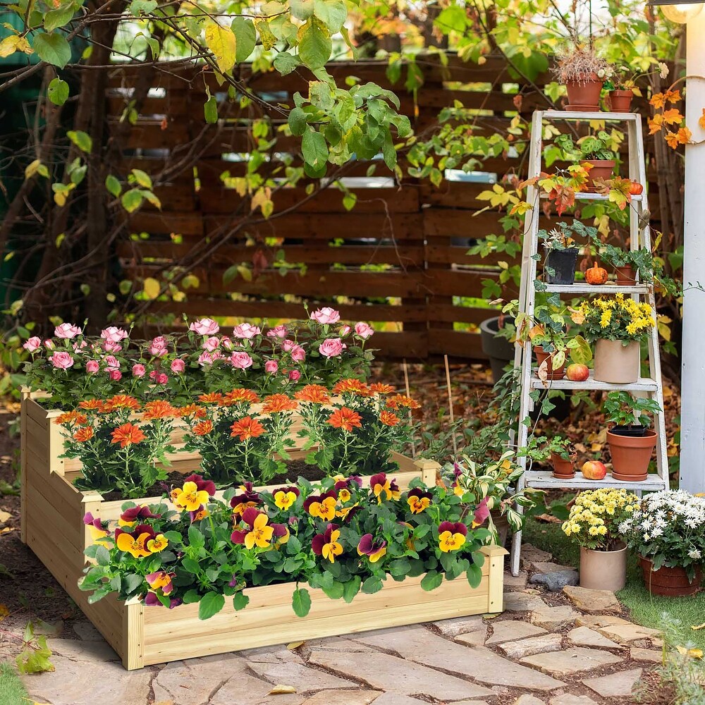 Costway 3 Tier Raised Garden Bed Wood Planter Kit for Flower Vegetable   48'' x 48'' x 22''