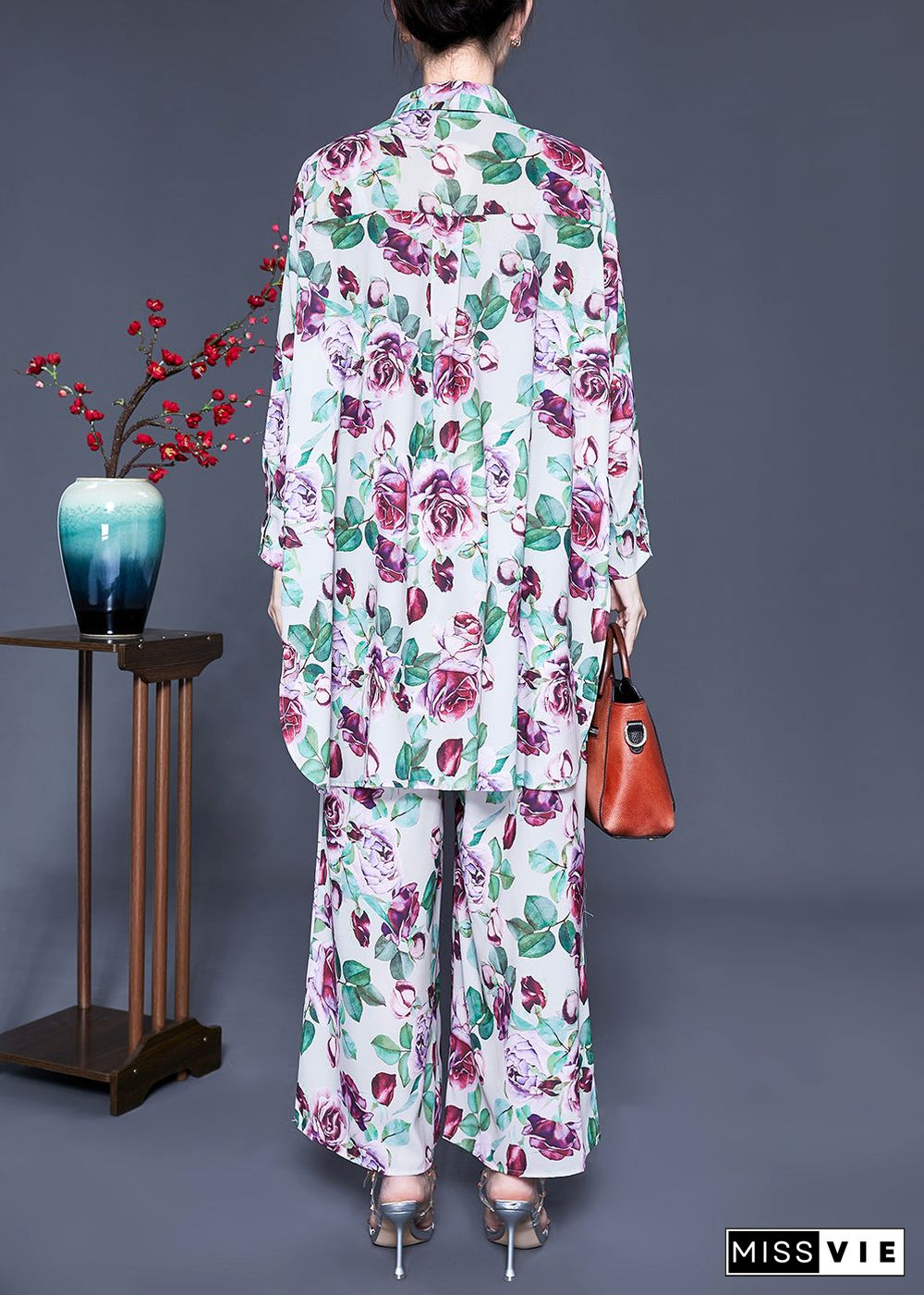 Elegant Purple Floral Print Side Open Silk Tops And Pants Two Pieces Set Spring