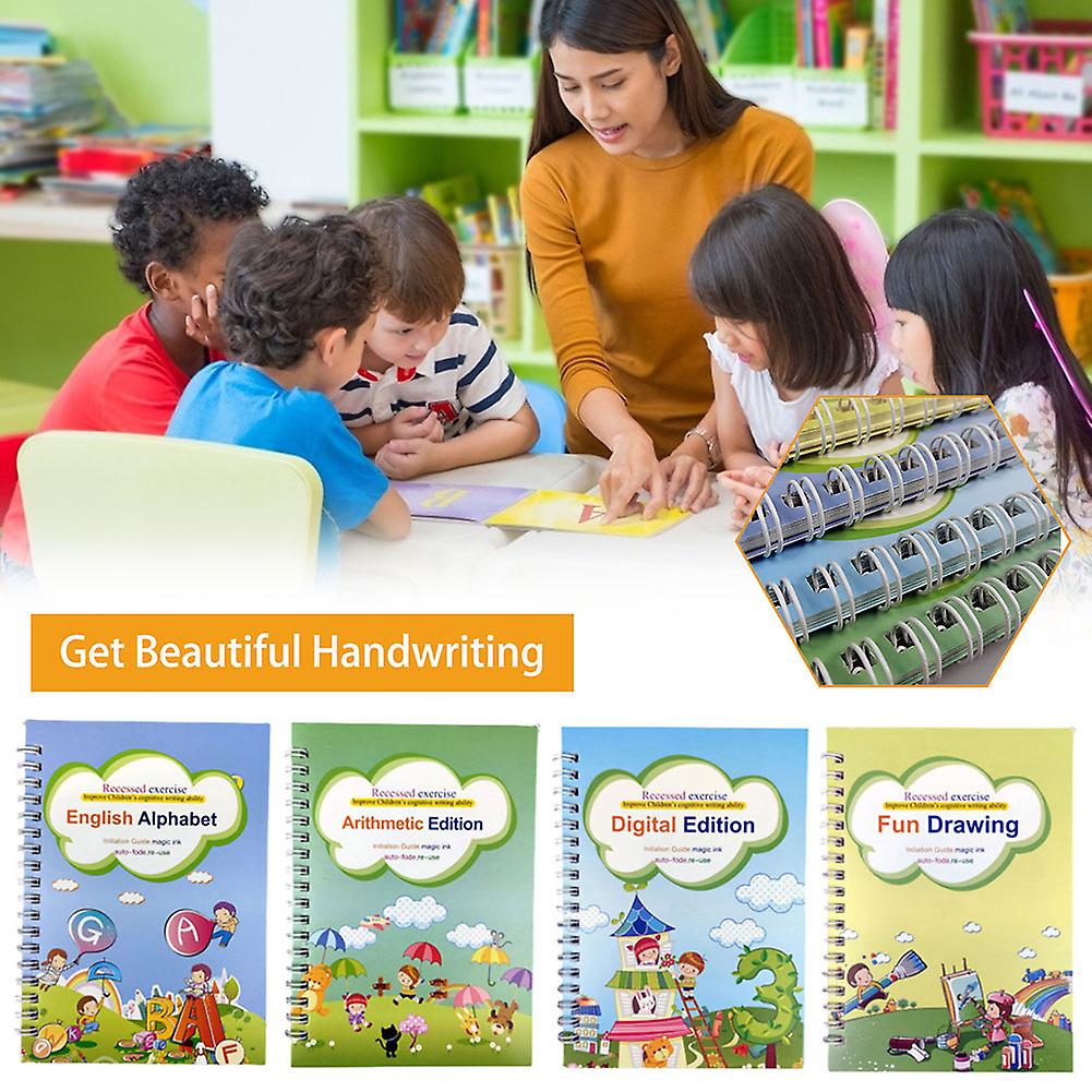 4 Pcs Children Dent Copybook Handwriting Practice Reusable Book For Calligraphy Writing Book Children Learning Supplies With Pen