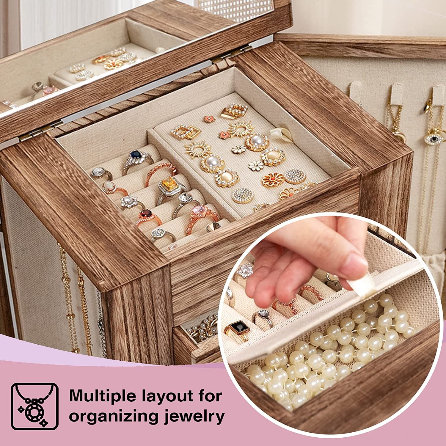 Emfogo Jewelry Box for Women, 5 Layer Large Wood Jewelry Boxes & Organizers for Necklaces Earrings Rings Bracelets, Rustic Jewelry Organizer Box with Drawers and Mirror