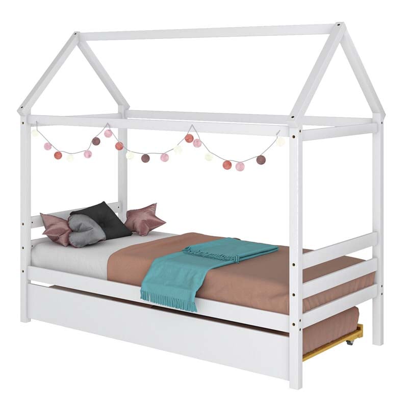 Twin Size House Bed with Trundle, Roof Wooden Platform Bed Frame, Playhouse Twin Bed for Kids Toddlers