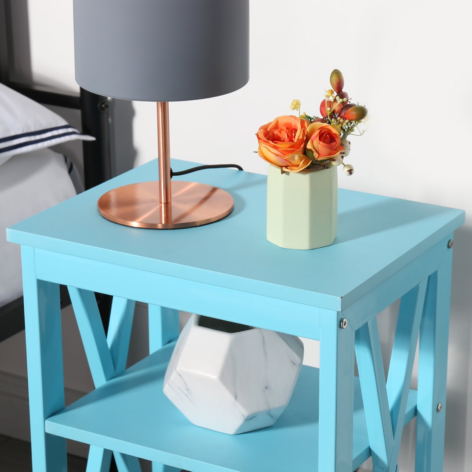 VECELO Set of 2 Nightstand End Table with 3-tier Storage Shelf for Living Room, Bedroom, Office, Light Blue