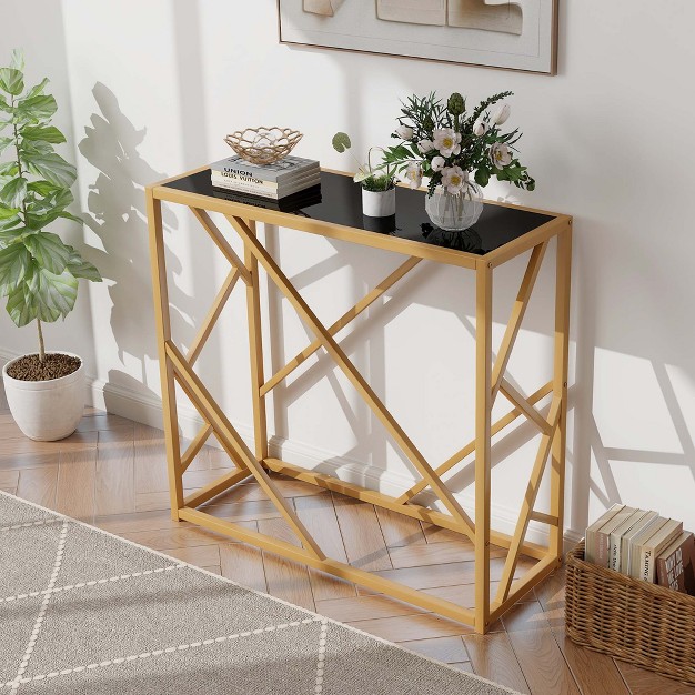 Tempered Glass Top Console Table With Foot Pads Golden Heavy duty Metal Frame