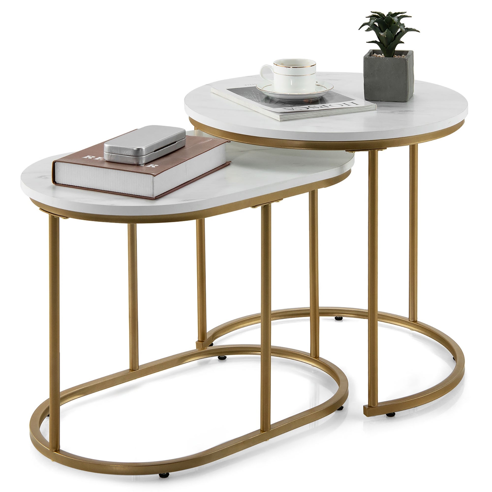 Costway Nesting Coffee Table Modern Set of 2 Marble Coffee Side Table