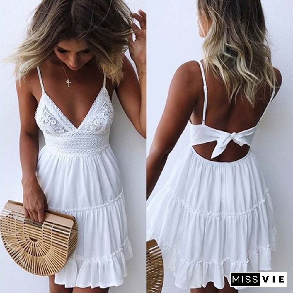 Women Summer Backless Mini Dress White Evening Party Beach Dresses Sundress