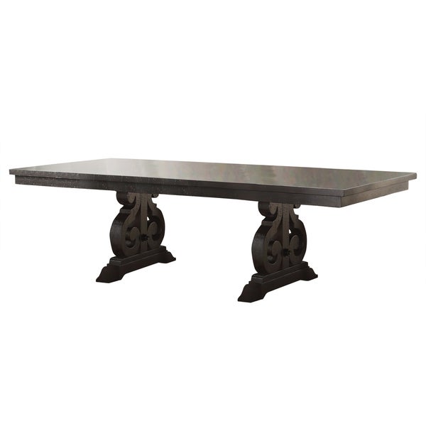 Wooden Rectangular Dining Table With Scrolled Motifs Base， Rustic Walnut