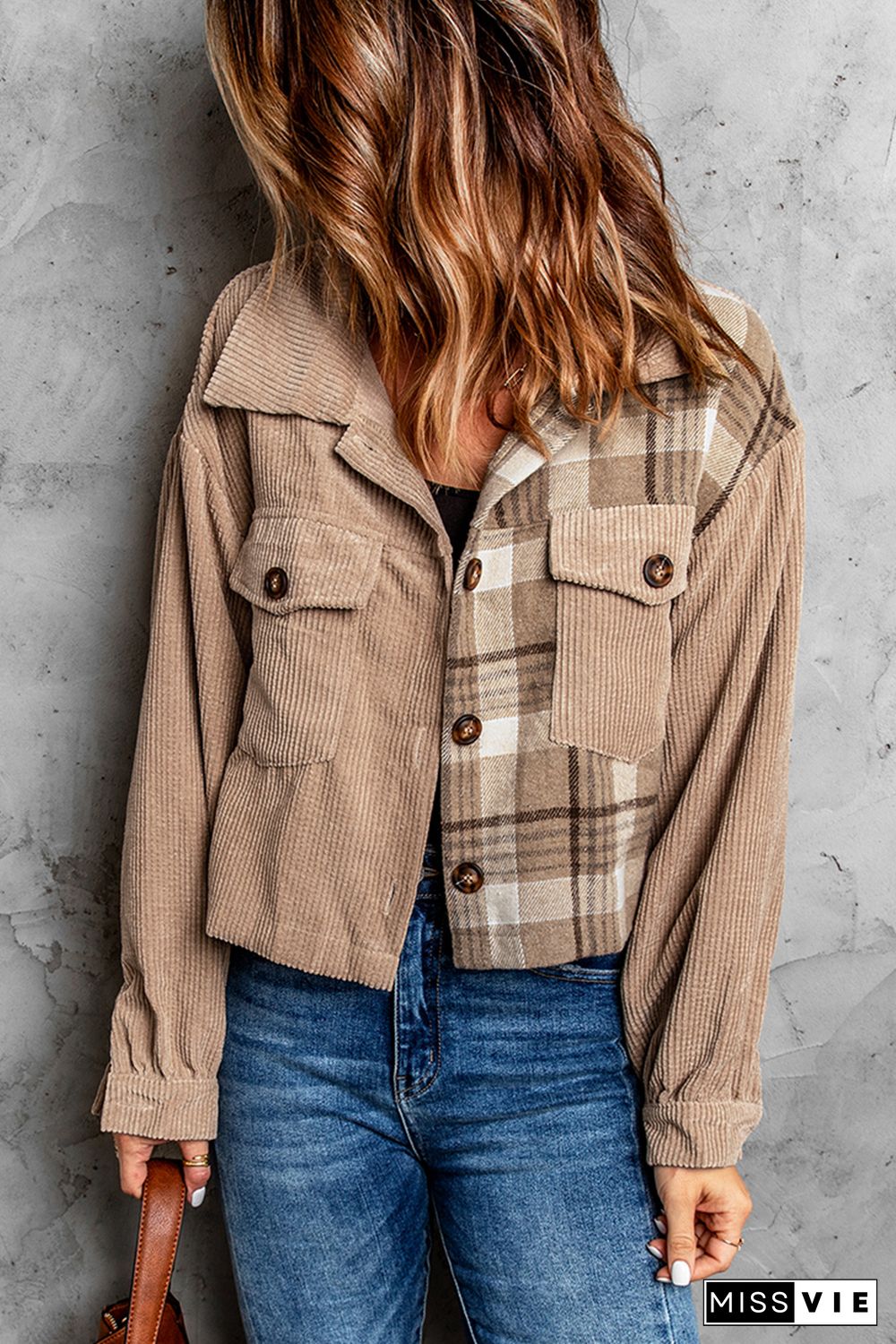 Khaki Plaid Patchwork Corduroy Cropped Jacket