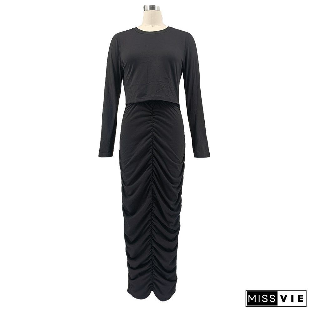 Long Sleeve Round Neck Pleated Bodycon Dress