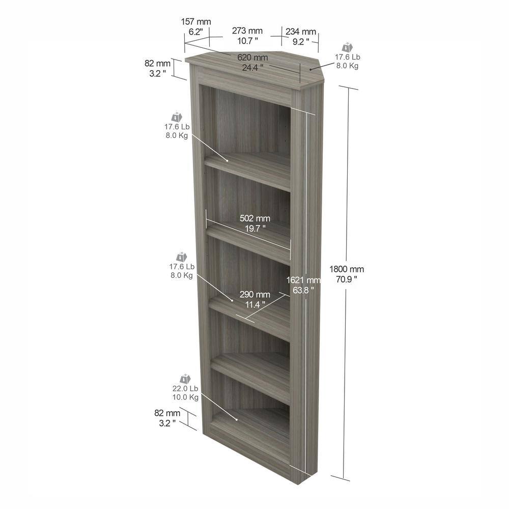 70.9 in. Smoke Oak Wood 5-shelf Corner Bookcase BE-12804