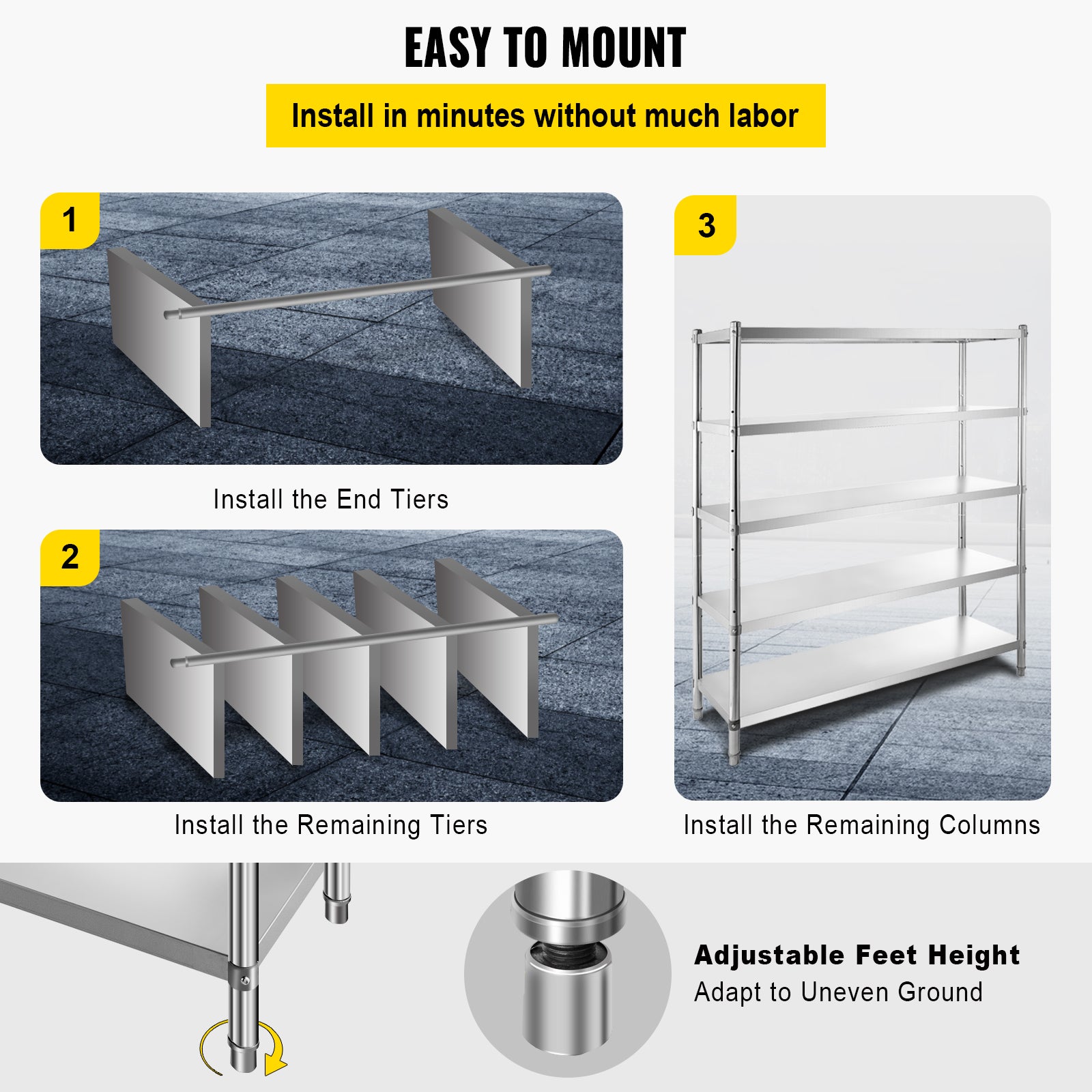 VEVOR Stainless Steel Shelving 60x18.5 inch 5 Tier Adjustable Shelf Storage Unit Stainless Steel Heavy Duty Shelving for Kitchen Commercial Office Garage Storage 330lb Per Shelf