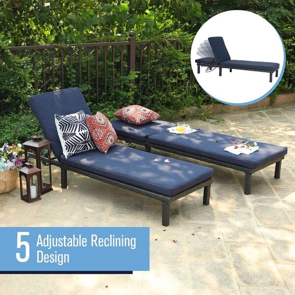 2PCS Outdoor Patio Wicker Rattan Chaise Lounge Chairs with CushionandAdjustable Backrest， Navy Blue