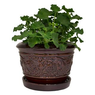 Trendspot 8 in. Dia Brown Rustic Damask Ceramic Planter LJ01008-8