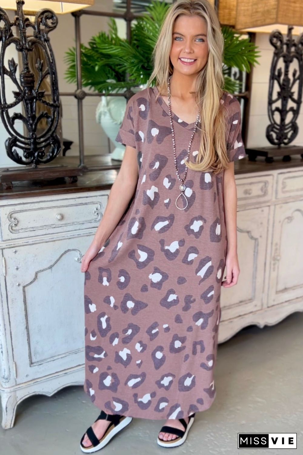 Leopard Print V Neck Long T-shirt Dress