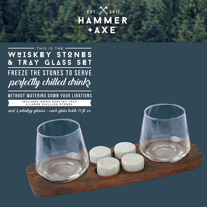 Hammer and Axe Whiskey Stones and Tray Glass Set