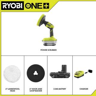 RYOBI ONE+ 18V Cordless Compact Power Scrubber Kit with 2.0 Ah Battery Charger and 6 in. 2-Piece Lambswool Kit P4510K-A95LWK1