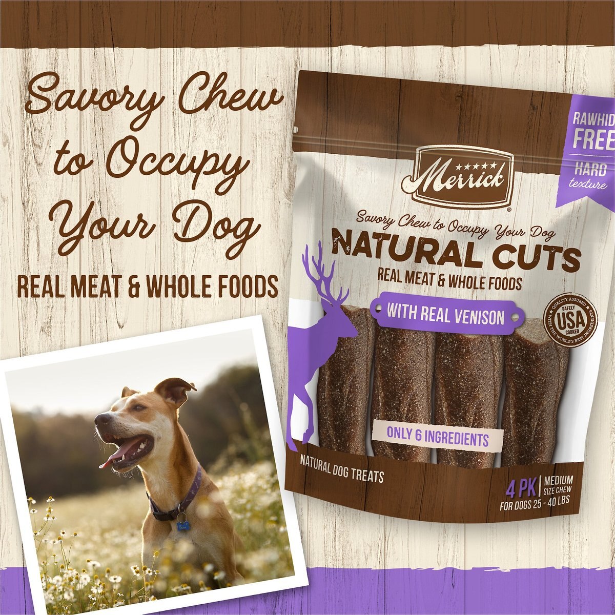 Merrick Natural Cuts Medium Real Venison Rawhide Free Dog Treats， 4 count