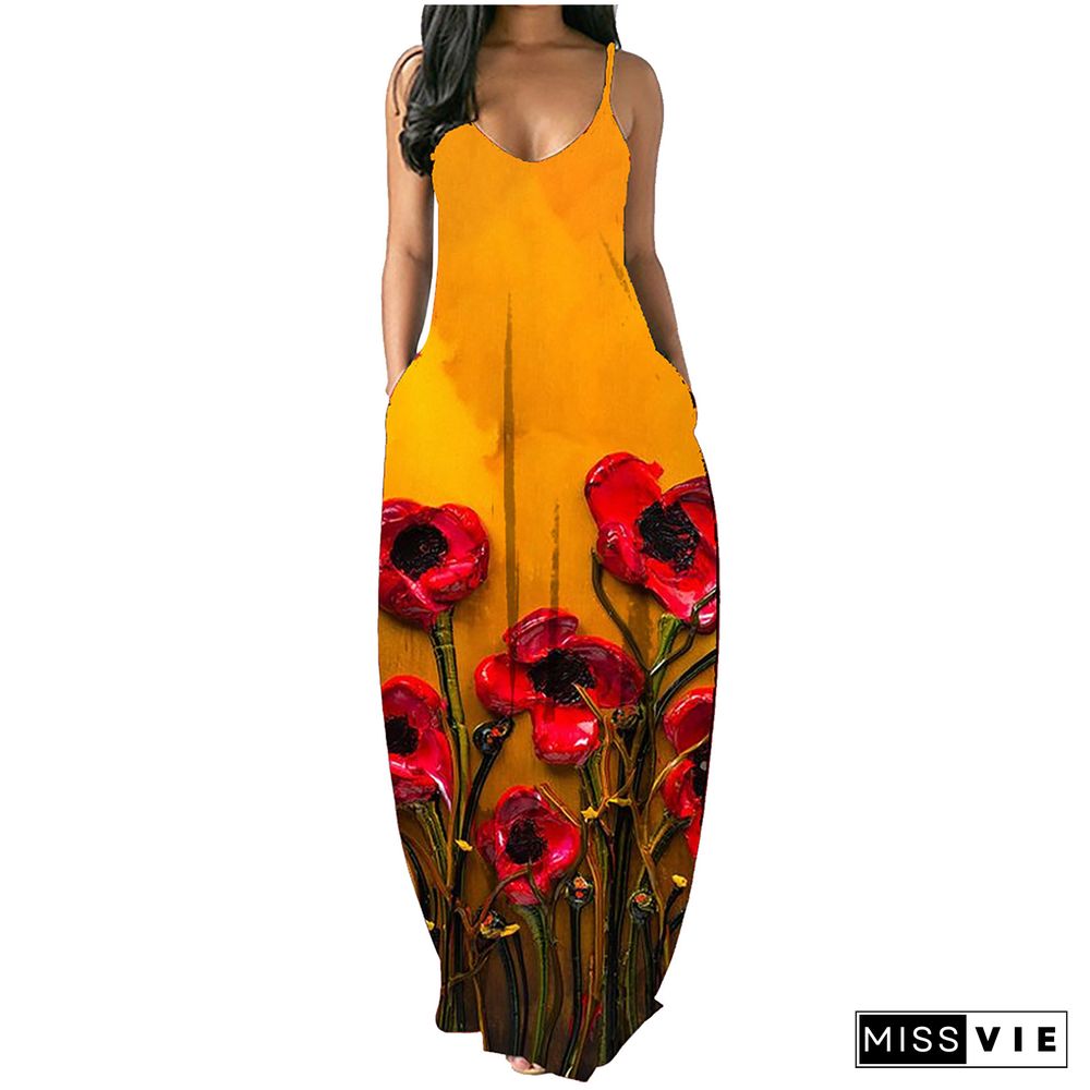 Women Summer Sexy Floral Print Pockets Spaghetti Strap V-Neck Loose Club Party Long Maxi Dresses