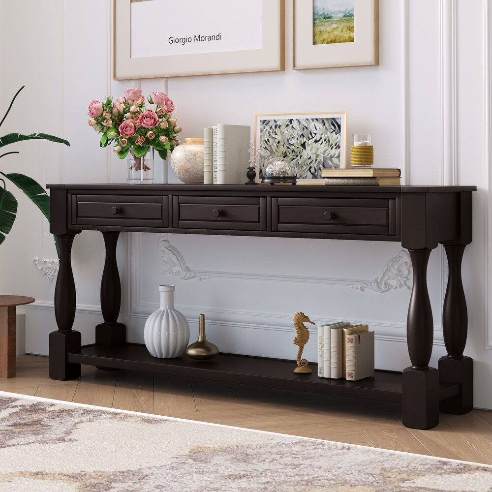 Pine Wood Console Table Long Extra Thick Sofa Table with Drawers