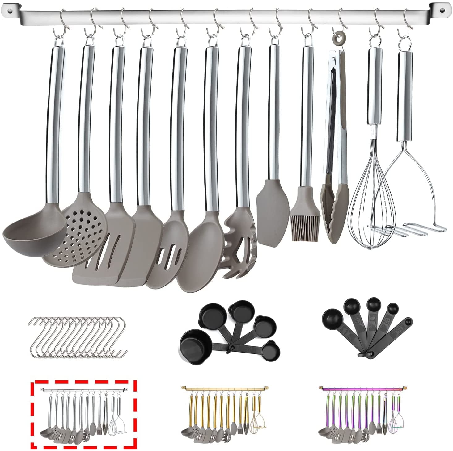 Just Houseware 38 Pcs Silicone Kitchen Cooking Utensil Setwith Utensil Rack, Food Grade Silicone Spatula Set, Non-Stick Heat Resistant Silicone Cookware with Strong Stainless Steel Handle(Silver)