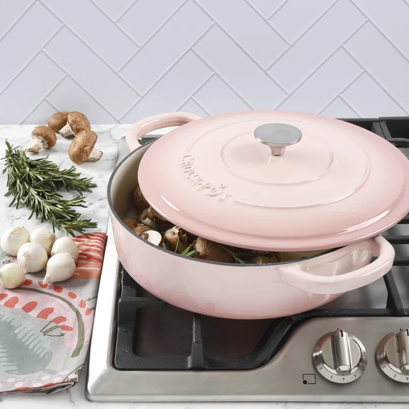 Crock-Pot Artisan 5 qt. Blush Pink Round Enameled Cast Iron Braiser Pan with Self Basting Lid