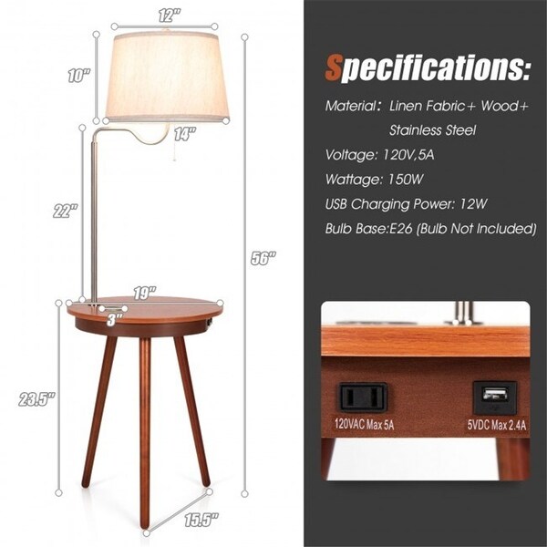 End Table Floor Lamp Table Lighting Wireless， Side Table with Charger