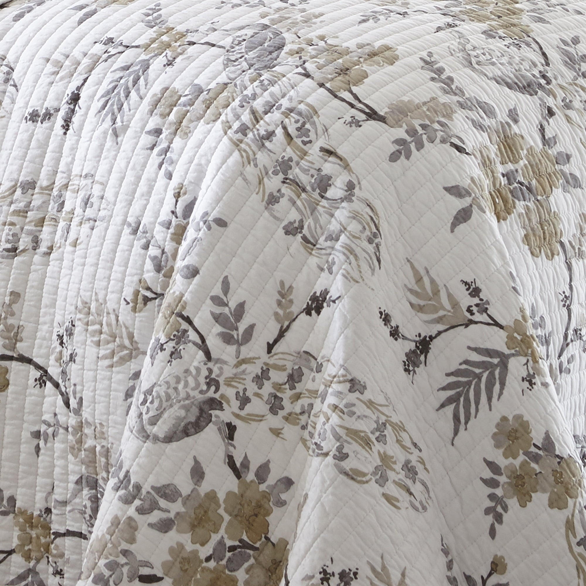 Levtex Home - Pisa Quilt Set - King Quilt + Two King Pillow Shams - Floral Contemporary Peacock - Grey and Taupe - Quilt Size (106x92in.) and Pillow Sham Size (36x20in. ) - Reversible - Cotton