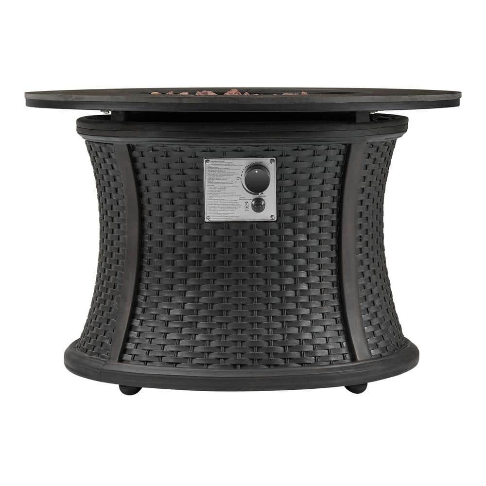 Hampton Bay 35.2 in. W x 24 in. H Round Wicker Finish Fire Table with Sintered Stone Tabletop FP58031-B