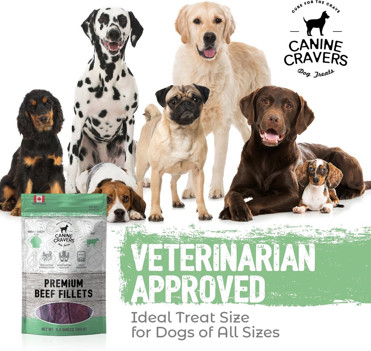 Canine Cravers Premium Beef Fillets Dehydrated Dog Treats， 5.3-oz pouch